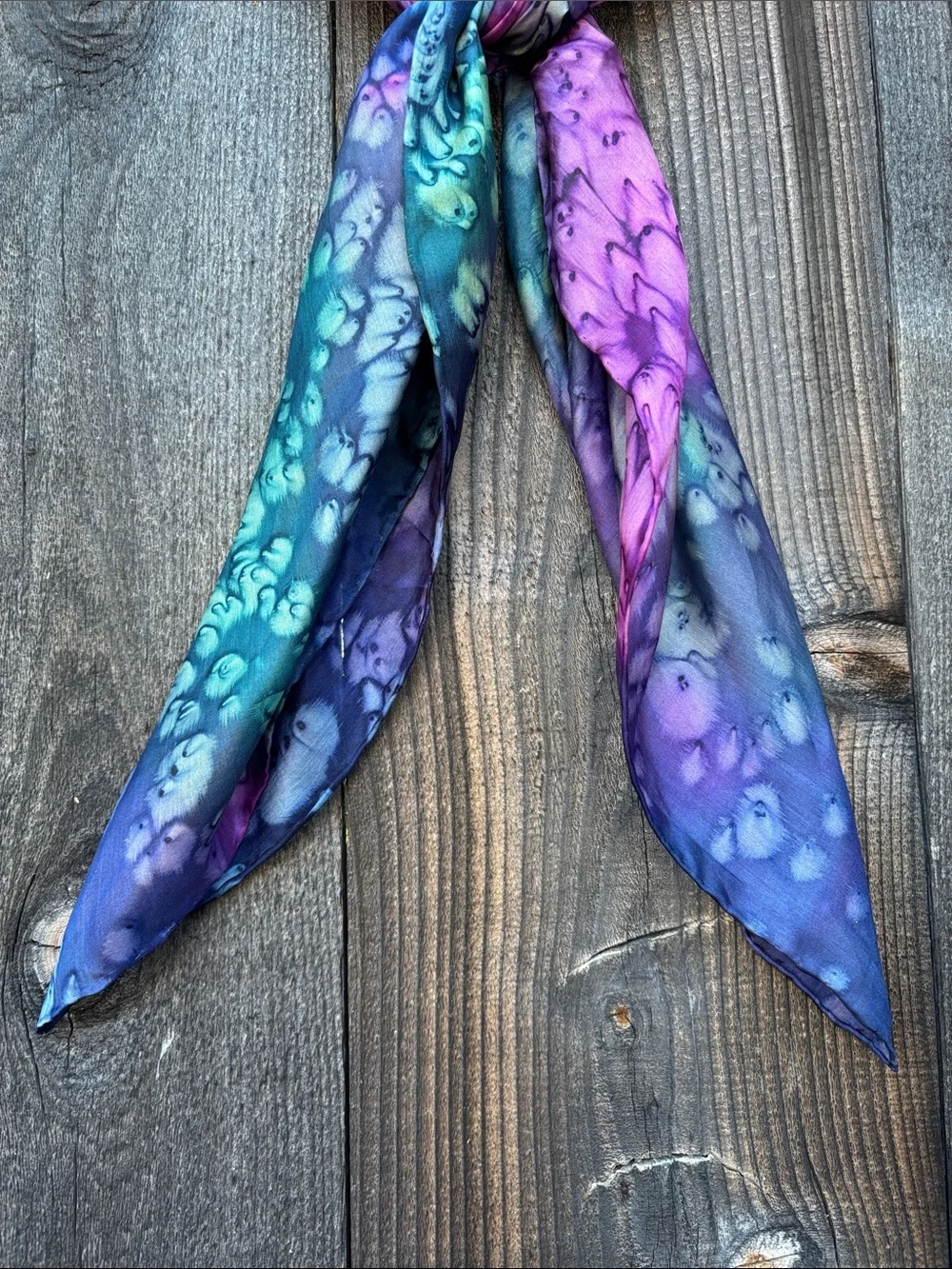 100% Silk Hand Dyed Art to Wear Sheer Neck Scarf Purple Turquoise & Navy Soft!